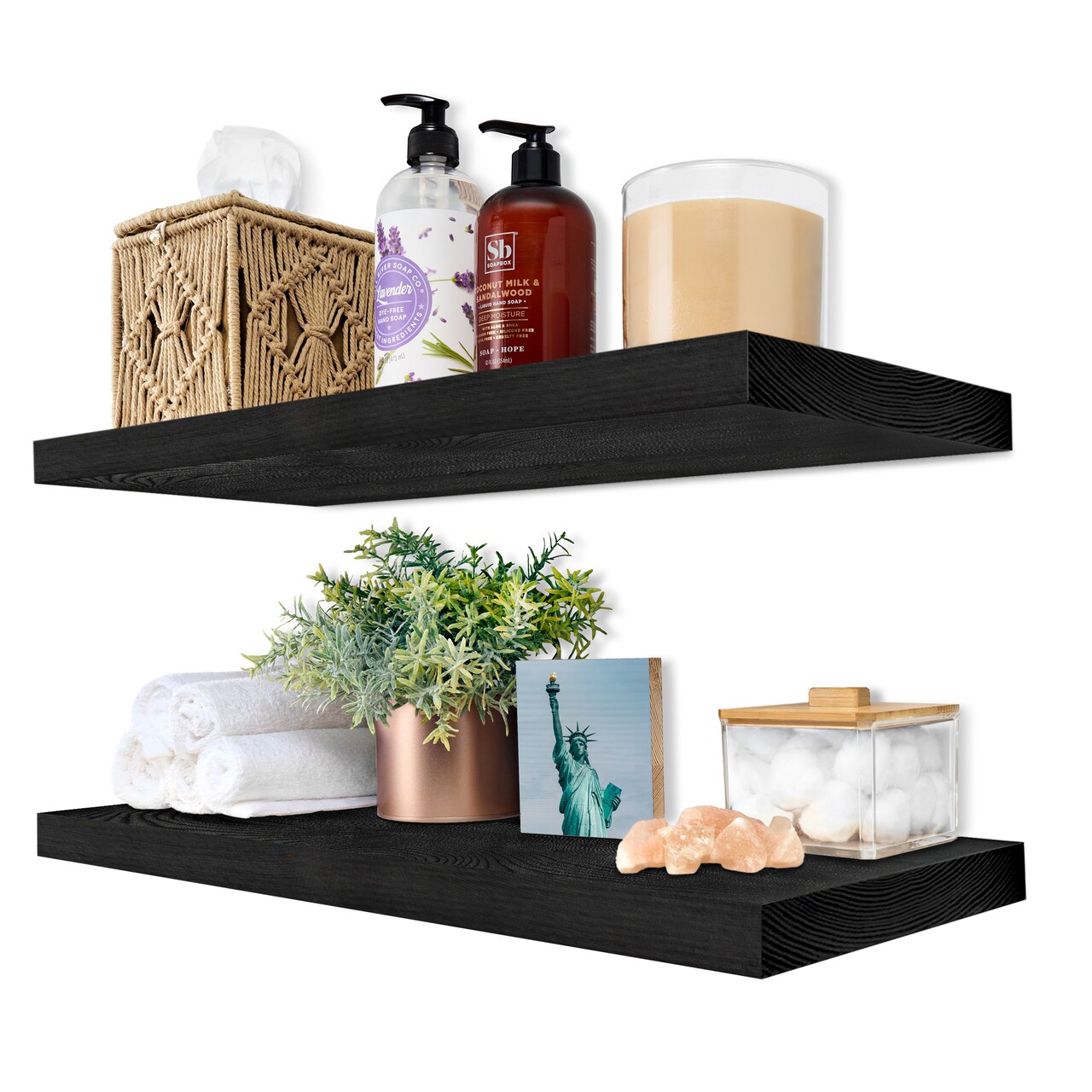 Sorbus Wood Floating Shelves for Wall - 24” Solid Wood Wall Shelves for Bathroom Decor, Books, Bedroom & Living Room - Set of 2 Black Wall Mounted Kitchen Shelves - Durable 100% Premium Solid Pine